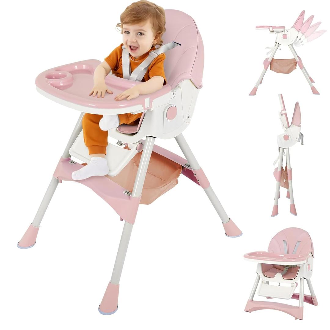 6-in-1 Foldable Baby High Chair for Babies & Toddlers – Adjustable Height & Recline, 5-Point Safety Harness, Removable Tray | Portable Highchair, Space-Saving & Easy Clean | Silla de Comer para Bebé 