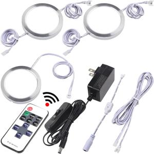 Under Counter Lights, Curio Cabinet LED Puck Lighting, 110V Wall Plugged in, Wireless RF Remote Control Dimmable, Daisy Chained Linkable, Dia 2.4", White Cords, Daylight 6000K, 3 Lights