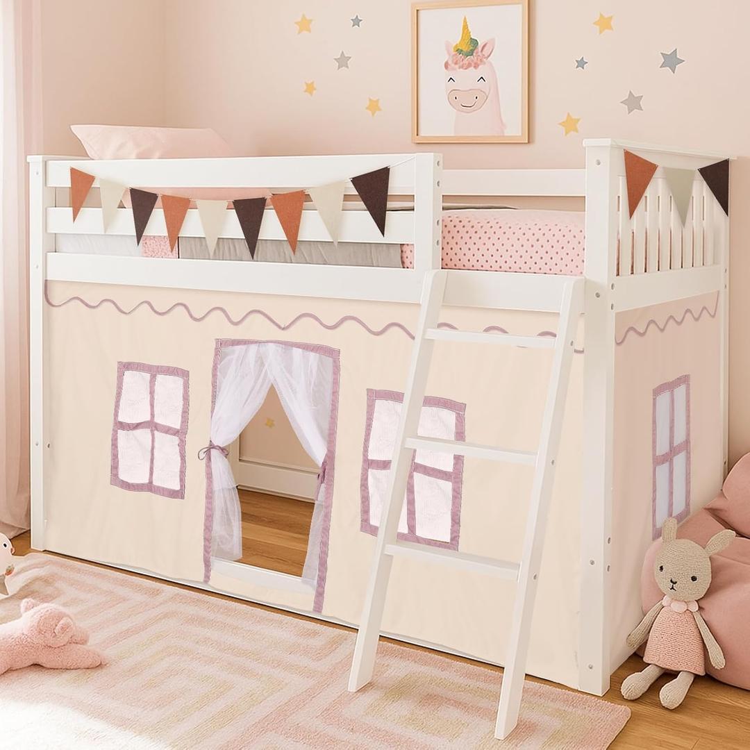 Breling 3 Panel Bunk Bed Curtains for Bottom Loft Bed Tent Set with Felt Flag Double-Layer Twin Bunk Curtains Playhouse Accessories for Boy Girl Bedroom(Cream,Classic)