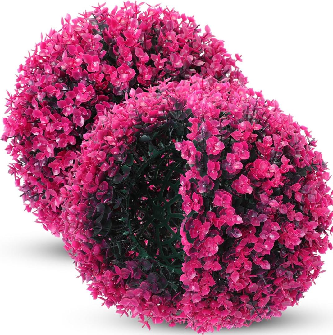 Hotop 2 Pcs 12 Inch Artificial Plant Topiary Ball 4 Layers Garden Spheres Boxwood Balls Artificial Topiaries Spheres Decorative Plants for Backyard, Balcony, Garden, Indoor Outdoor Decor(Rose Red)
