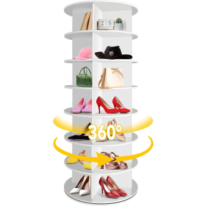 7 Tier Rotating Shoe Rack, 360° Revolving Free Standing Shoe Organizer, Multifunctional Storage Revolving Shoe Rack Tower, Spinning Shoe Display Lazy Susan (White)