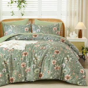 Luxudecor King Floral Comforter Set 7 Pieces,Sage Green Floral Comforter with Sheet Set,Flowers Leaves Pattern Bed in a Bag,Soft Microfiber Bed Set 104"x90"