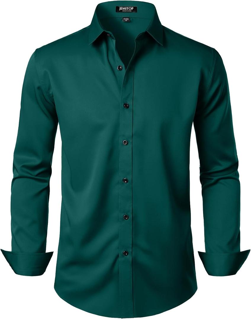 EMITOP Men's Stretch Wrinkle Free Dress Shirts Formal Wedding Prom Long Sleeve Button Down Shirt Emerald Green M