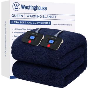 Westinghouse Electric Blanket Queen Size, Soft Plush Sherpa Heated Blanket with 10 Heating Levels & 1-12 Hours Auto-Off, Machine Washable, 84x90 inches, Navy