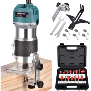 Compact Wood Palm Router Tool Hand Trimmer Woodworking Joiner Cutting Palmming Tool 30000R/MIN 800W 110V with 15PCS 1/4" Router Bits (Blue)