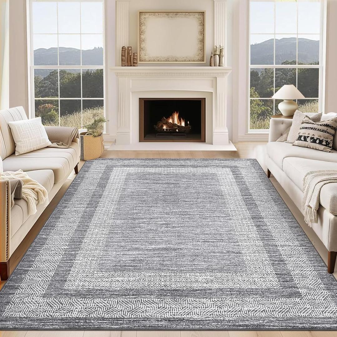 GarveeHome 8x10 Large Washable Area Rug Modern Bordered Rug Distressed Geometric Floor Carpet, Soft Non Slip Rug, Low Pile Non Shedding Rug, Indoor Gray Rug for Bedroom, Living Room