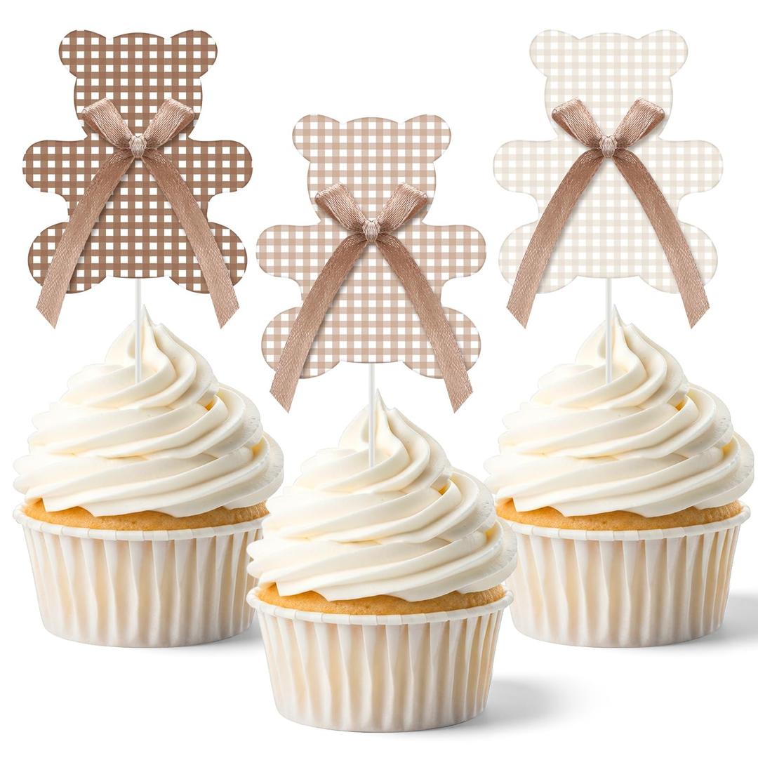 2 x AceOrbit 36 Pcs Gingham Bear Cupcake Toppers with Bows Bears Baby Shower Decorations Cake Cupcake Topper Decoration for Bear Theme Girls Birthday Baby Shower Gender Reveal Party Supplies