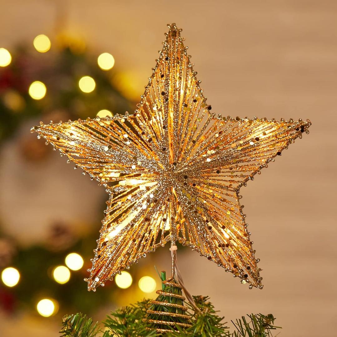 Christmas Star Tree Topper, Plug in 3D Star Tree Topper, 11”Golden Glittered Metal Hollow Designed Built-in 10 Bulbs String Lights for Christmas Tree Decorations
