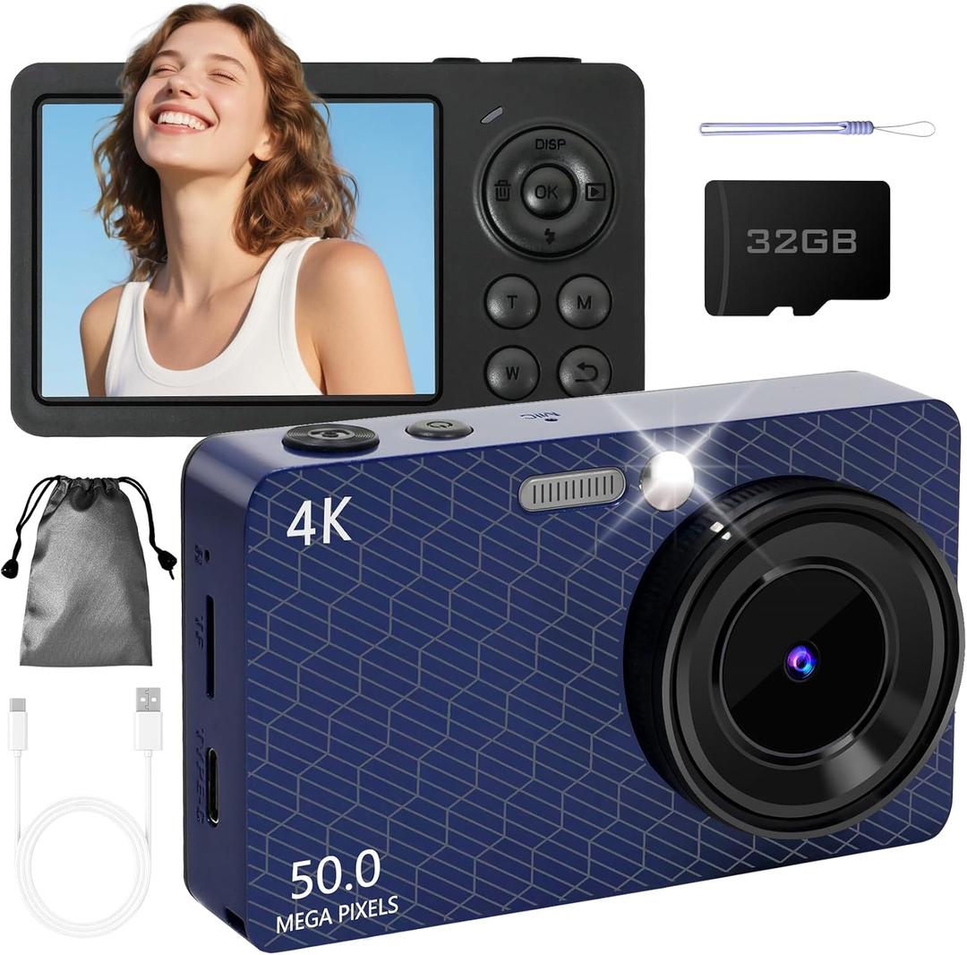 Digital Camera for Photography Autofocus, 4K Point and Shoot Cameras with 32GB SD Card, 16X Digital Zoom, Portable Travel Camera for Beginner, Small Compact Digital Camera for Adult Teens, Blue