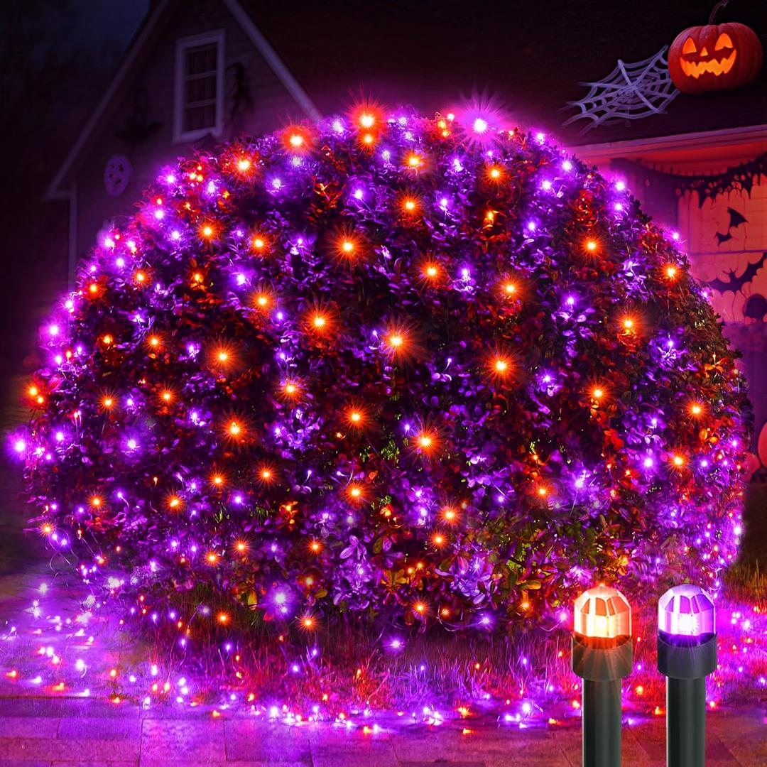WBao Orange Purple Halloween Lights Outdoor 200LED F8 Big Bulbs, 8.4ft x 5.2ft Halloween Net Lights with 8 Modes, Timer, Connectable, Waterproof & Dark Green Wire for Lawn, Bushes Outdoor Decorations (Plug in)