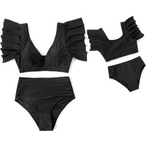 IFFEI Mommy and Me Family Matching Swimsuits Ruffle Sleeve Tie Back Womens Bathing Suit Two Piece Bikini Sets (Black, M)