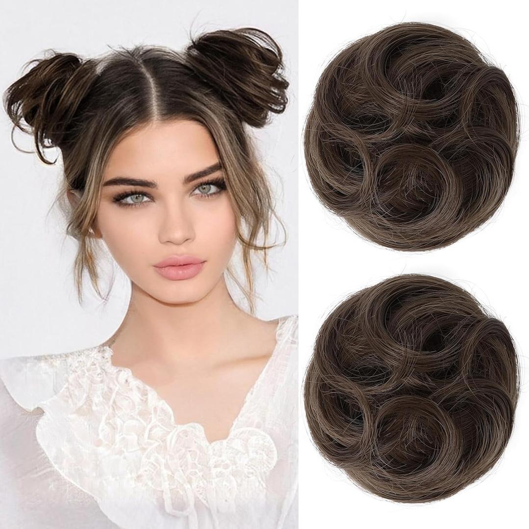 REECHO 2 PCS Mini Claw Clip in Messy & Cat Ears Hair Bun Extensions HB001 Wig Accessory Updo Hairpieces for Women Girls (Pack of 2-3.5" Wavy, Medium Brown with Highlights)