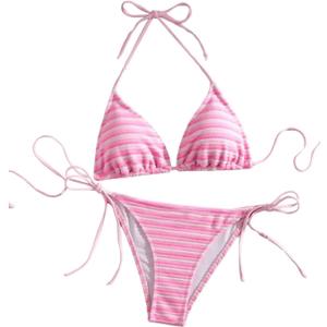 Women's Striped Knot Bathing Suit High Waisted Halter Triangle Swimsuit Bikini Set (Pink, S)