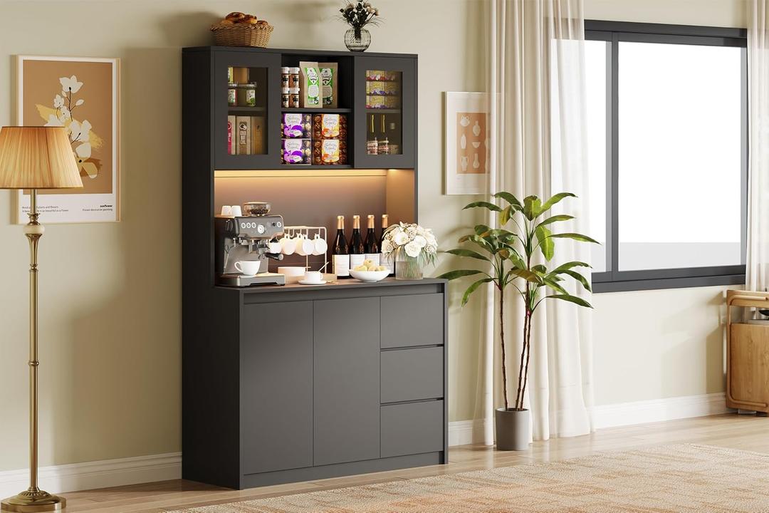 Garvee Kitchen Pantry Cabinet,71 in Tall Storage Cabinet with Doors and Shelves Adjustable, Kitchen Storage Hutch with Microwave Shelf, Led Lights and Charging Station,Corner Pantry Cabinet, Black (18.11 x 13.78 x 31.1 inches)