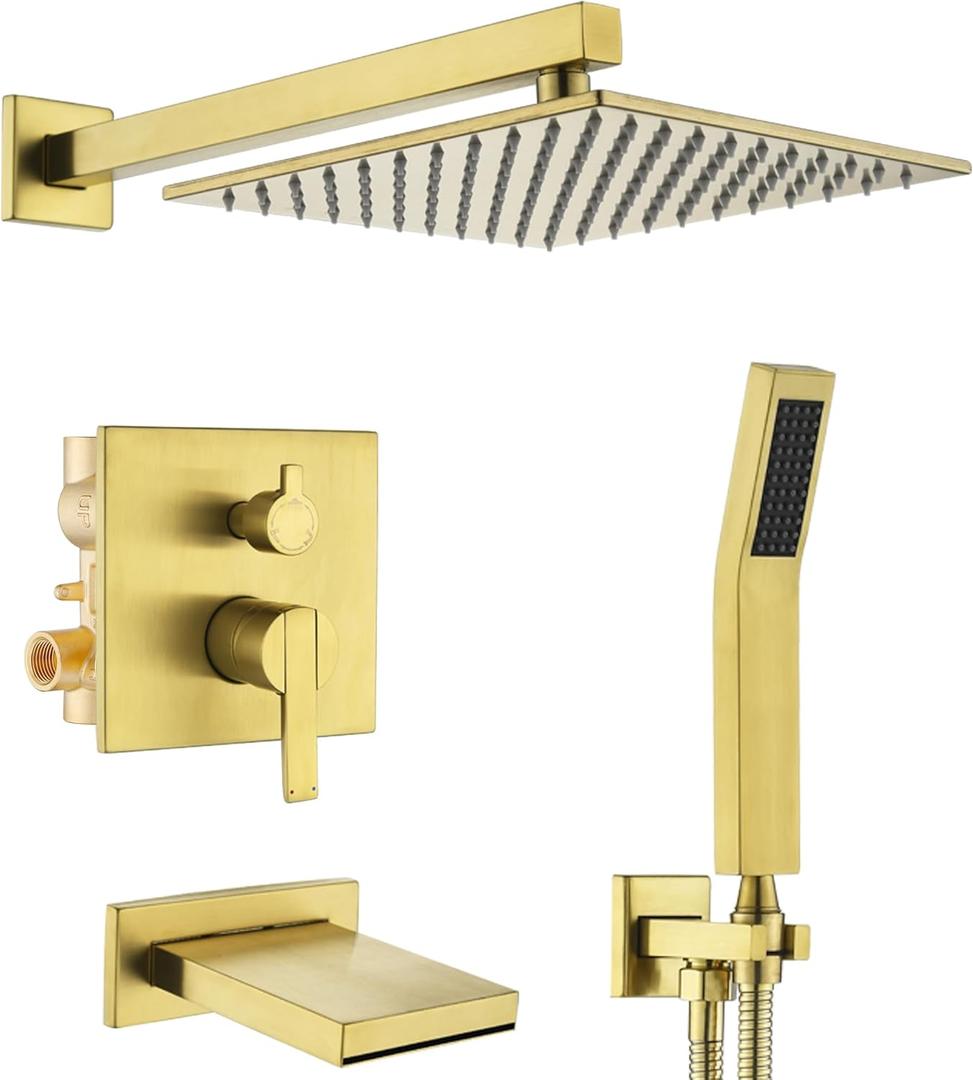 Gold Shower System with Tub Spout, All Metal Bathtub Shower Faucet Set with High Pressure 10 Inch Rain Shower Head and Handheld Shower Head Set, Brushed Gold (Valve Include)
