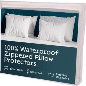Niagara 4 Pack Waterproof Pillow Protectors King 20x36 Inches Smooth Zipper Premium Encasement Covers Quiet Cases Set White