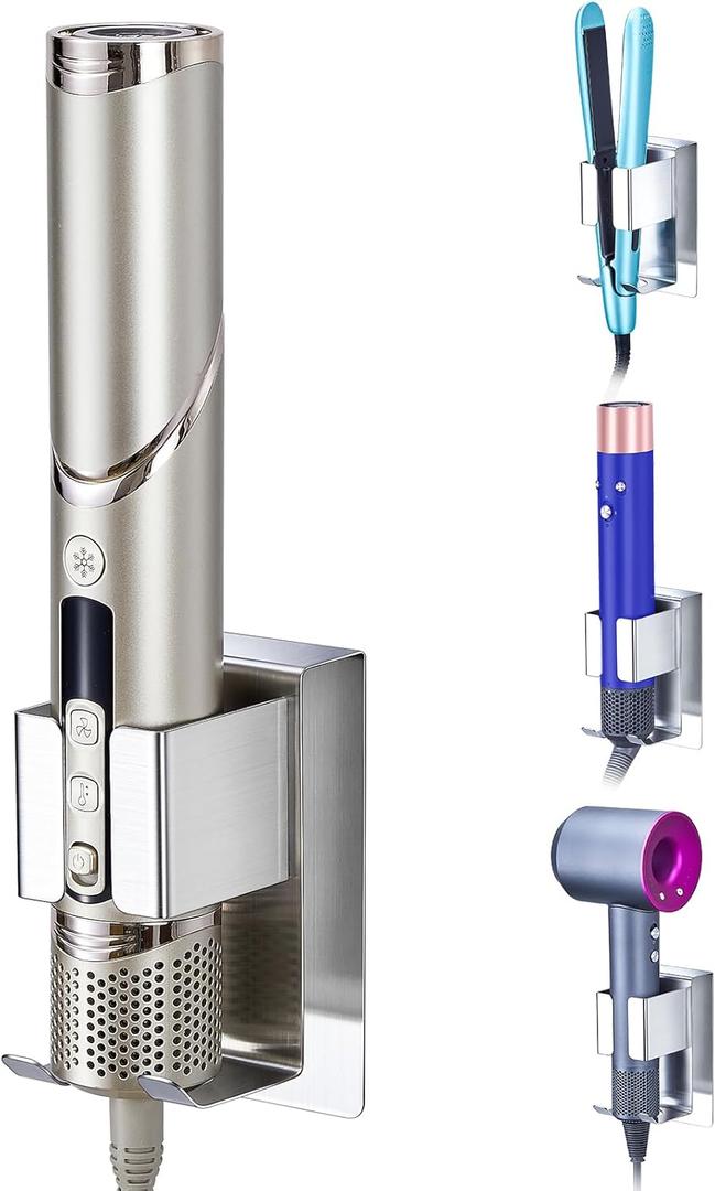 Hair Straightener Holder Wall Mount Curling Iron Holder, Blow Dryer Holder Wall Mounted, Adhesive Hair Dryer Holder, Hair Tools Organizer Storage for Bathroom Vanity (1, Silver)