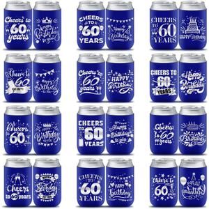 60th Birthday Can Cooler Sleeve Decorations, 24PCS 60th Party Favors for Men Women Blue & Silver Happy 60th Birthday Anniversary Party Supplies Decor Gift Beverage Cup Bottle Can Cover Personalized