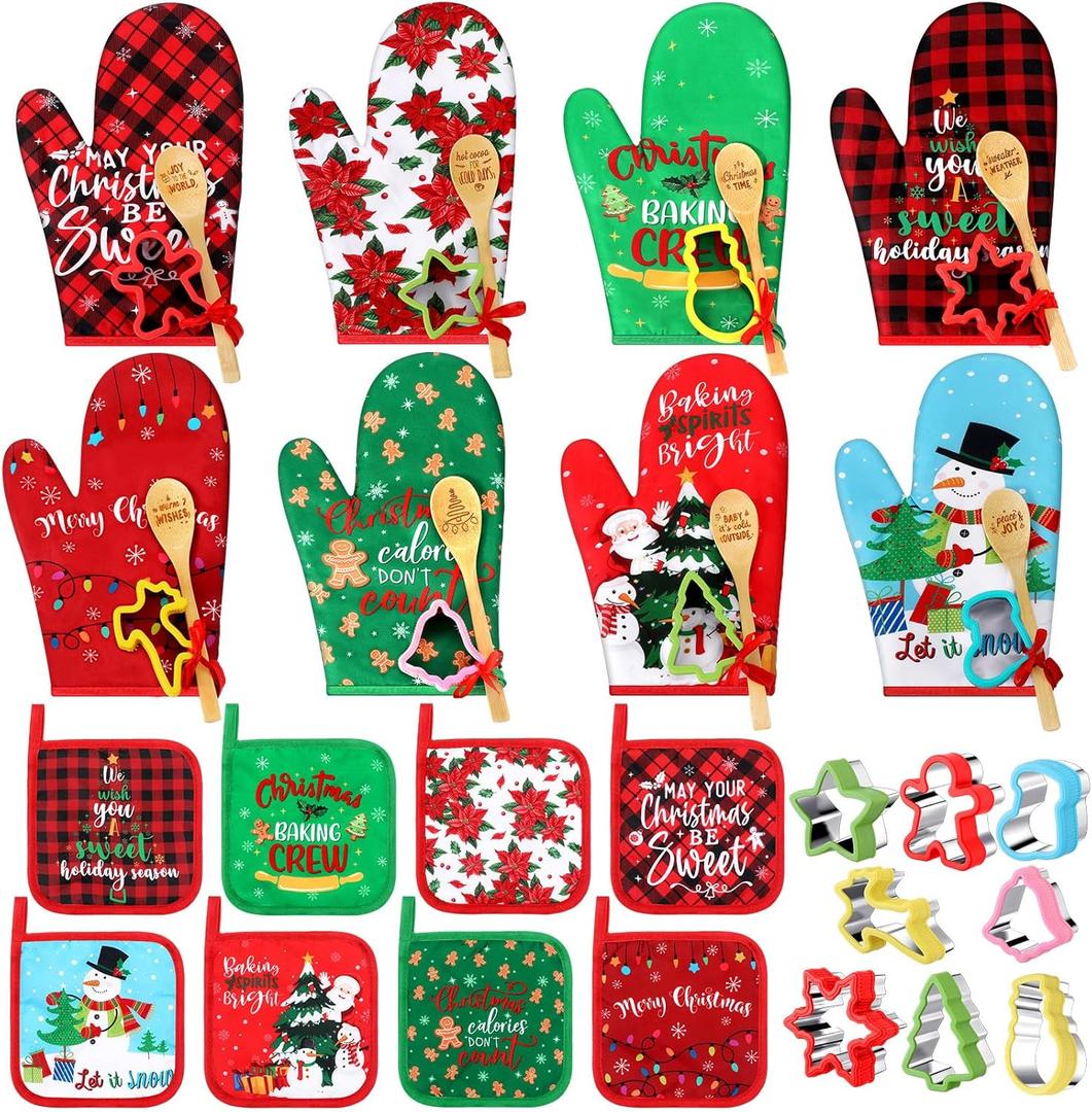 Suclain 32 Pcs Funny Christmas Oven Mitts Pot Holders Gift Set Holiday Novelty Word Baking Cookie Cutters Wooden Spoons Kitchen Xmas Supplies for Women Cooking Gifts