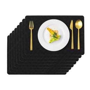 Vinyl Placemats Set of 8 Faux Leather 100% Waterproof Wipeable Washable Place Mats Heat Resistant Easy Clean Non-Slip Table Mats for Indoor Outdoor. (8,Black)