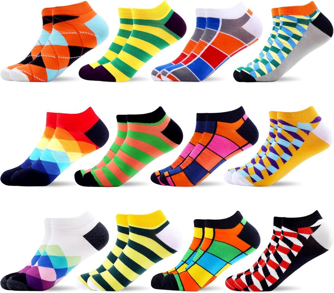 WeciBor Men's Funny Novelty Colorful Ankle Socks Cool Casual Cotton Low Cut Socks Pack of 12 (7.5-12, Orange/Yellow/Red/Multicolor Geometric-12b)