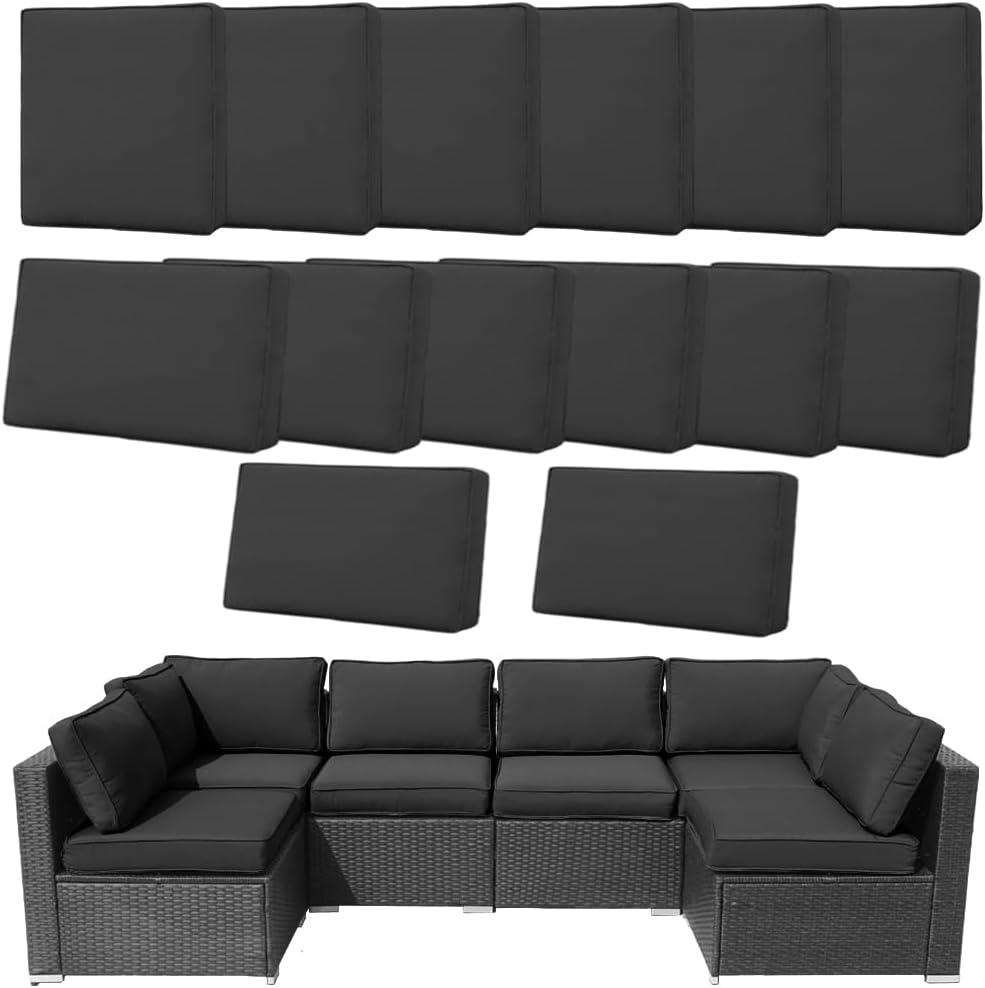 14Pcs Outdoor Cushion Covers Replacement Washable Waterproof UV w/Zipper for 6-Seaters Sofa Patio Slipcovers Set Seat and Back Covers Only (Black, 23.6x23.6x4inch)