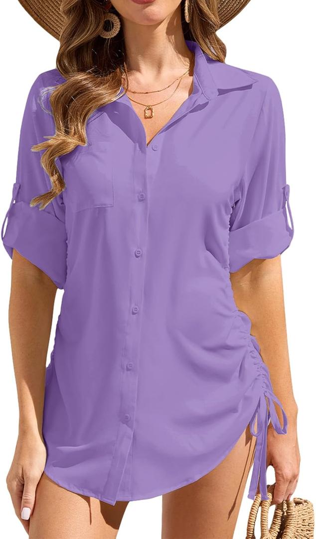 Women's UPF 50 Long Sleeve Button Down Dress Shirt UV Sun Protection Fishing Hiking Shirts Swim Cover Up for Women (Purple, S)