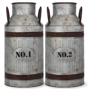 2 Pcs 15.2'' Large Rustic Galvanized Metal Milk Can Vase with Handle