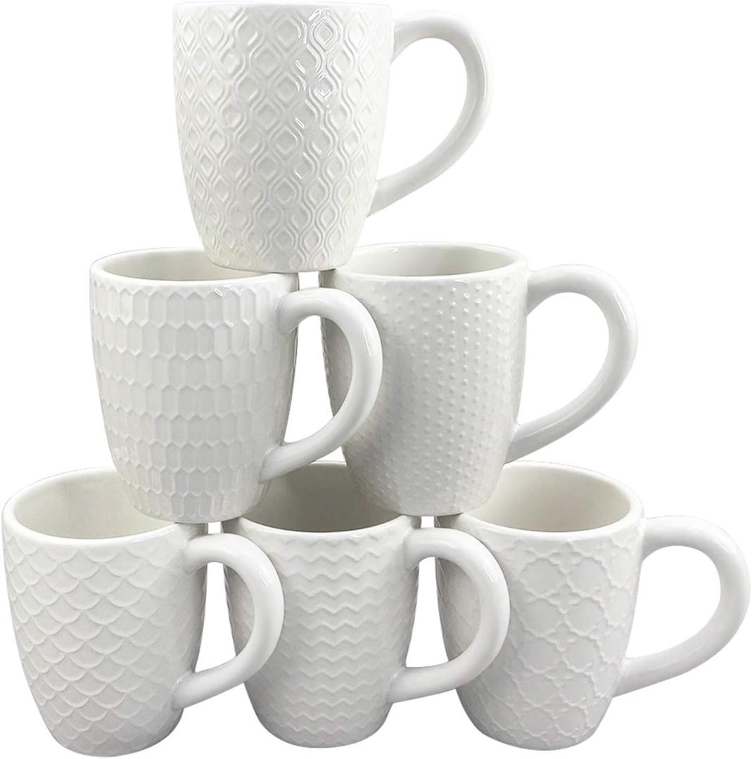 Schliersee 12 OZ White Ceramic Coffee Mugs Set of 6, Stylish Embossed Coffee Cups Set for Coffee, Tea, Milk, Cocoa, Cereal