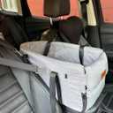 Kumdita' Center Console Car Seat & Carrier for Small Dogs & Cats with Dual Over-Seat Straps, Sewn-in Safety Leash & PE Board Base (Grey)