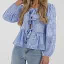 PRETTYGARDEN Women's Spring Fall Babydoll Peplum Blouse Shirt Puff Long Sleeve Bow Tie Front Trendy Cute Y2K Going Out Tops (Blue)