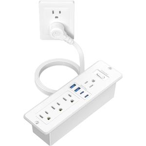 65W USB C Recessed Power Strip, Flush Mount Desktop Recessed Outlet with 4AC & 2 PD GaN USB C & 2 USB-A Ports, 10ft Furniture Hidden Drawer Fast Charging Station for Home Office (White)