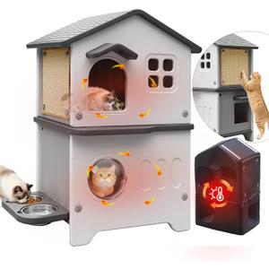 Insulated Cat House Outdoor Weatherpoof Plastic Cats Houses with Elevated Cat Bowls, Cat Scratch Pads and Escape Door, 2-Story Indoor Waterproof Feral/Pet Cat Shelter Outside for Multiple Cats, Grey
