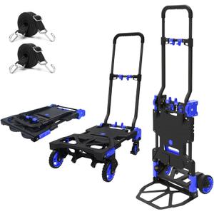 Folding Hand Truck Heavy Duty 330LB Load Carrying,Convertible Dolly Cart with Retractable Handle and 4 Rubber Wheels,Portable Hand Truck Foldable for Luggage/Personal/Travel/Mobile/Office Use. (Blue)