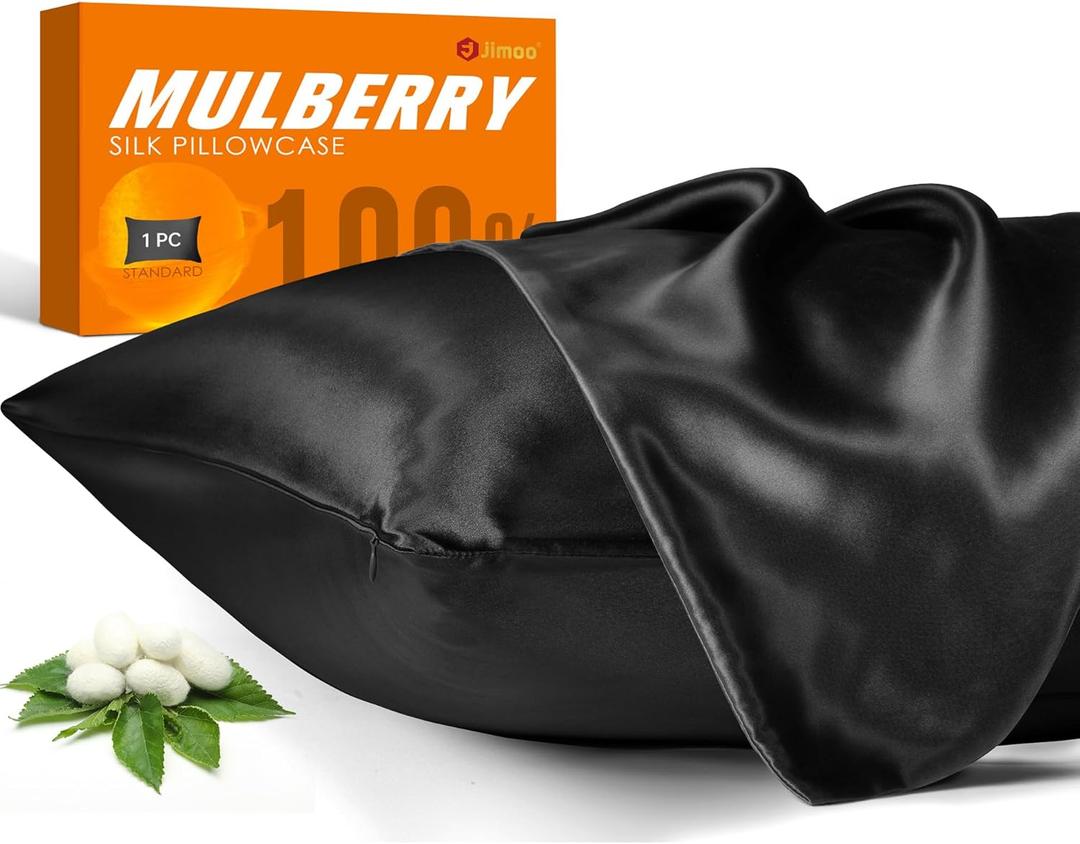 100% Mulberry Silk Pillowcase for Hair and Skin, 22 Momme Pure Natural Silk Pillow Case Both Sided with Zipper, Pillow Cover for Women Mom Men (Black, Standard 20''×26'', 1 Pack)