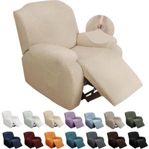 YEMYHOM 4 Pieces Stretch Recliner Slipcover Latest Jacquard Recliner Chair Cover with Side Pocket Anti-Slip Fitted Recliner Cover Couch Furniture Protector with Elastic Bottom (Recliner, Beige) (1 Seater)