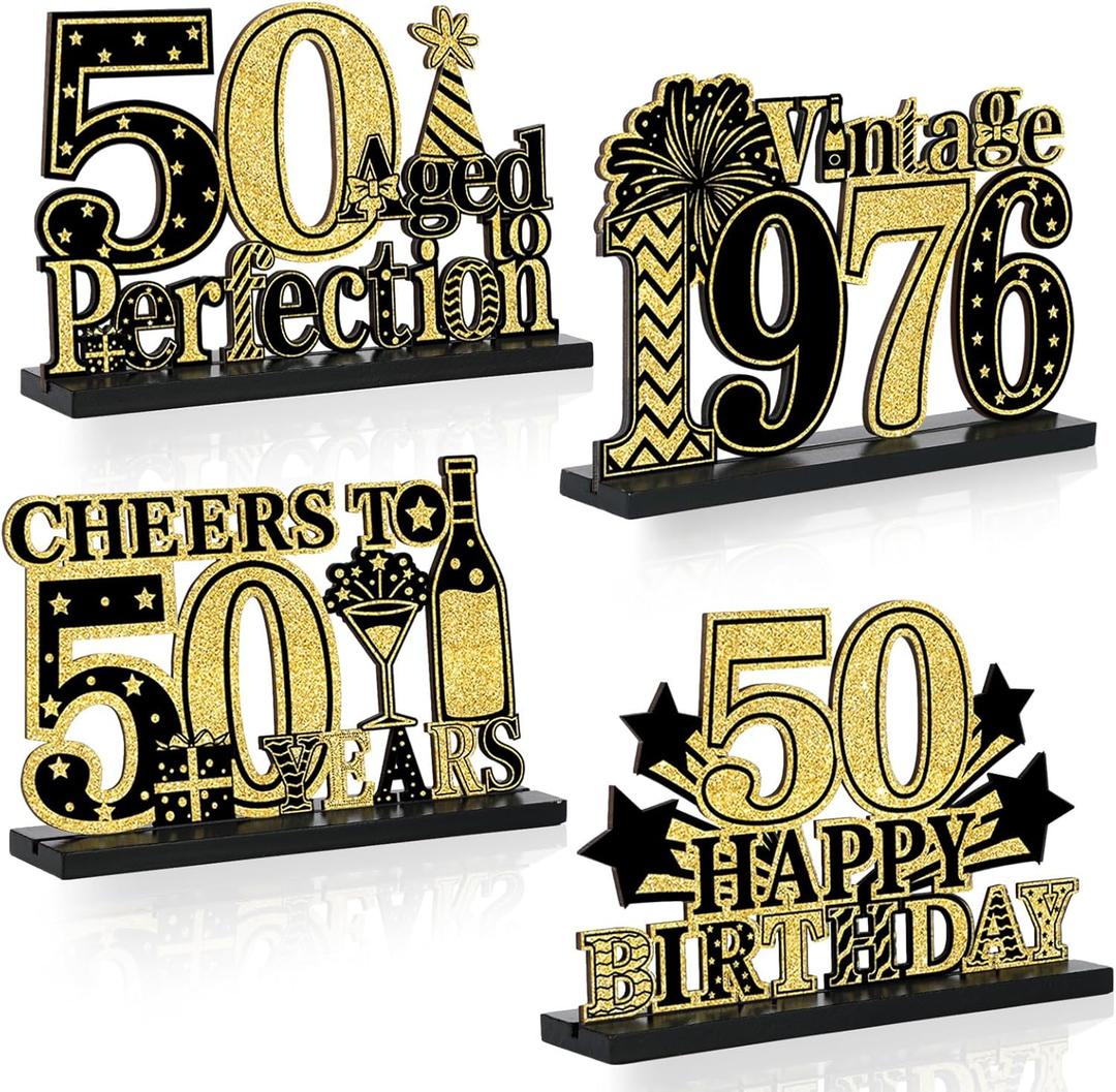 4 Pcs 50th Birthday Table Decorations Vintage 1976 Black Gold Birthday Party Centerpieces Aged to Perfection 50th Birthday Decorations Cheers To 50 Years Table Topper Wooden Decor for Men 50 Years Old