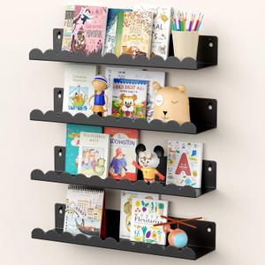 Nursery Book Shelves, 17 Inch Metal Floating Shelves for Wall 4 Pack, Scalloped Shelves, Wall Mounted Book Shelf for Kids Bedroom, Baby Room, Nursery Decor Black