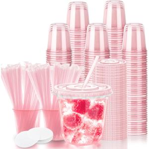 12oz Disposable Stemless Glasses with Flat Lids and Straws,PET Disposable Drinking Cups,Clear Plastic Wine Glasses for Parties Birthday,Wedding,Meeting,Christmas Party Supplies. (100, Pink)