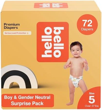 Hello Bello Premium Diapers, Size 5 (27+ lbs) Surprise Pack for Boys - 72 Count, Hypoallergenic with Soft, Cloth-Like Feel - Assorted Boy & Gender Neutral Patterns