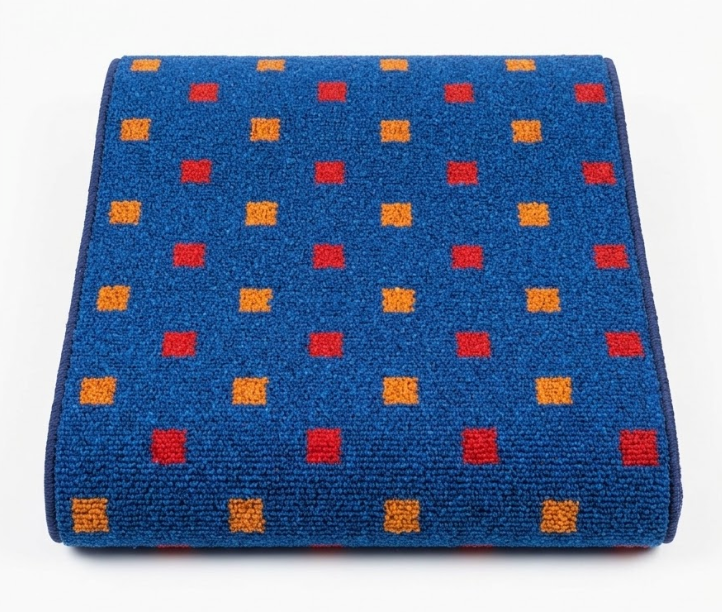 Blue Rug with Red and Orange Squares, 6 feet by 2 feet