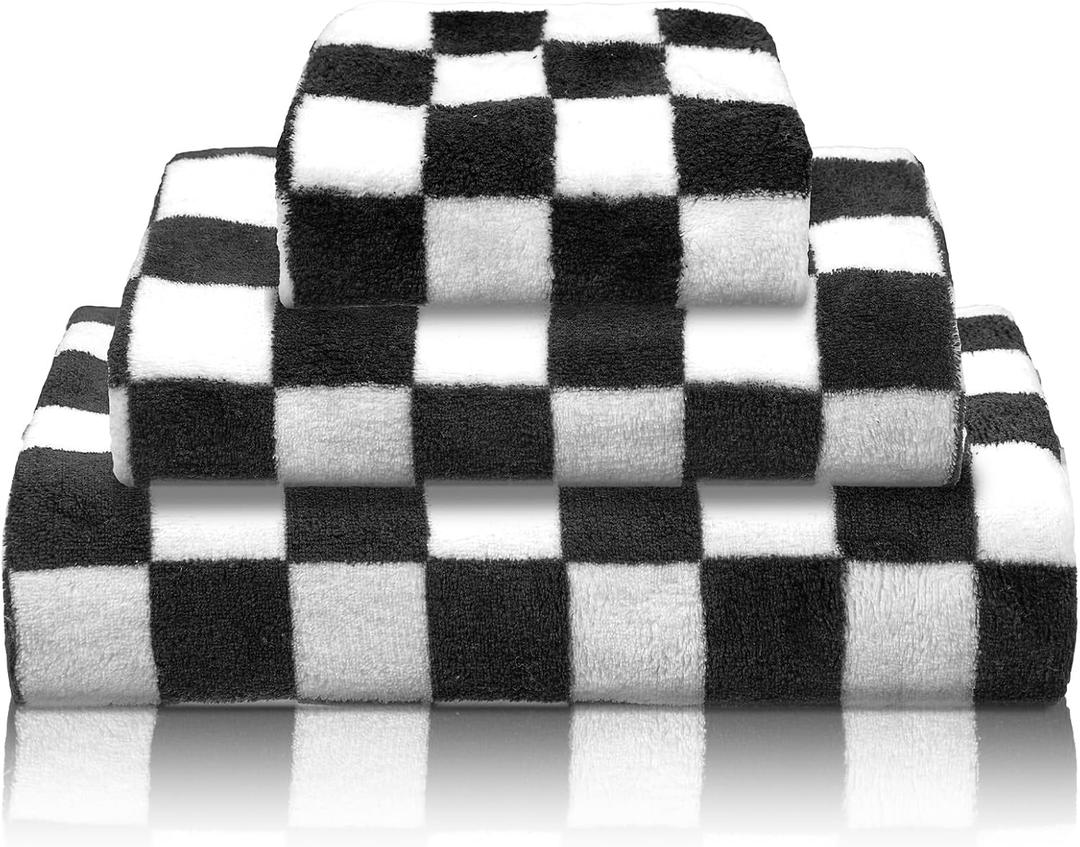 Peryiter 3 Pcs Bath Towels Set Black and White Checkerboard Coral Fleece Bathroom Towel Lightweight Soft Quick Dry Wash Cloth for Home Gym Spa Beach Accessories