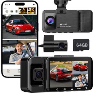 3 Channel Dash Camera for Cars, 4K UHD Dash Cam Front and Rear Inside with 64GB Card, 170+150+140 Wide Angle Recording, G-Sensor, Loop Recording, 24H Parking Monitor, Night Vision, 5GHz WiFi