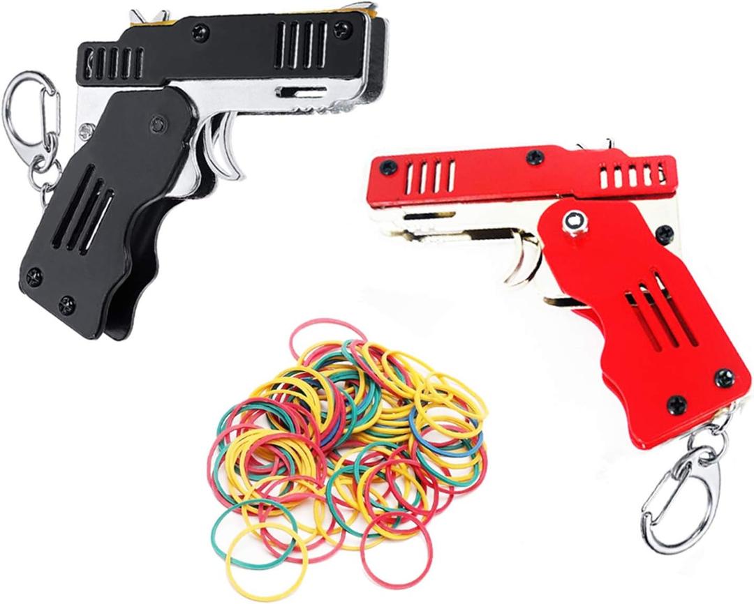 2 Pieces Rubber Band Gun Toy Easy Load Foldable Handmade Toy Gun Mini Metal Rubber Gun with Keychain and 200 Elastic Rubber Bands