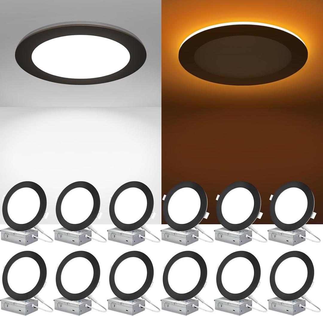 ZYC Recessed Lighting 6 Inch - 12W 1100LM LED Recessed Ceiling Light with Night Light,2700K/3000K/4000K/5000K/6000K Selectable Ultra-Thin Lighting,Dimmable Canless Wafer Downlight,Pack of 12Black.