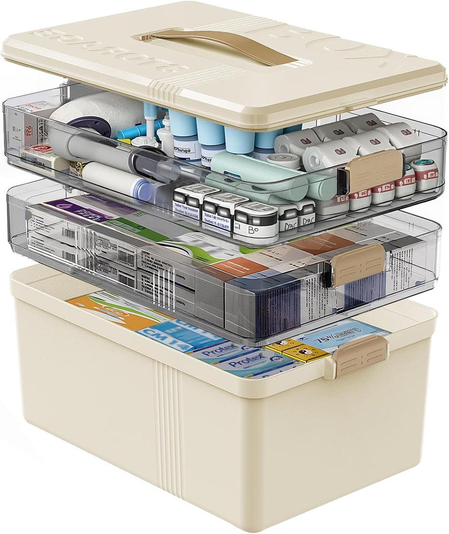 3 Tier Medicine Cabinet Organizer Large Capacity Medicine Organizer, Portable Medicine Box with Handle, Multipurpose Medical Box with Removable Tray, First Aid Boxes Empty, Yellow