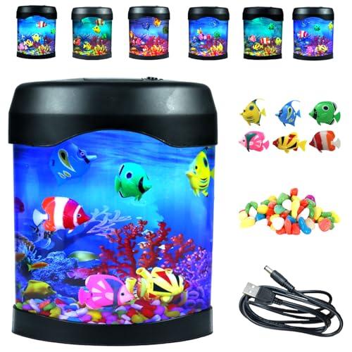 Fake Fish Tank, Aquarium Night Light, 6 Color Changing Lifelike Desk Electric Mood Lamps, Artificial Aquarium Tank with Moving Fishes, Home Decor, Gift for Kids, Adults, ADHD & Autism