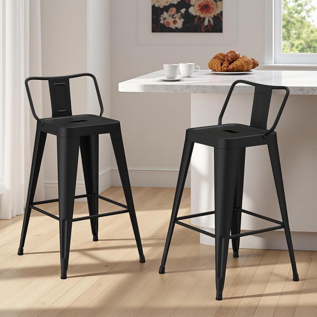 Metal Bar Stools Set of 2, Counter Height Stools with Removable Back, Sturdy Black Barstools for Kitchen Island, 30 Inch