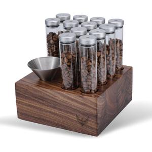 Single Dose Coffee Bean Storage Tubes Espresso Bean Cellar 12pcs One-Way Exhaust Valve Lids Glass Dosing Vials With Walnut Stand & Stainless Steel Funnel