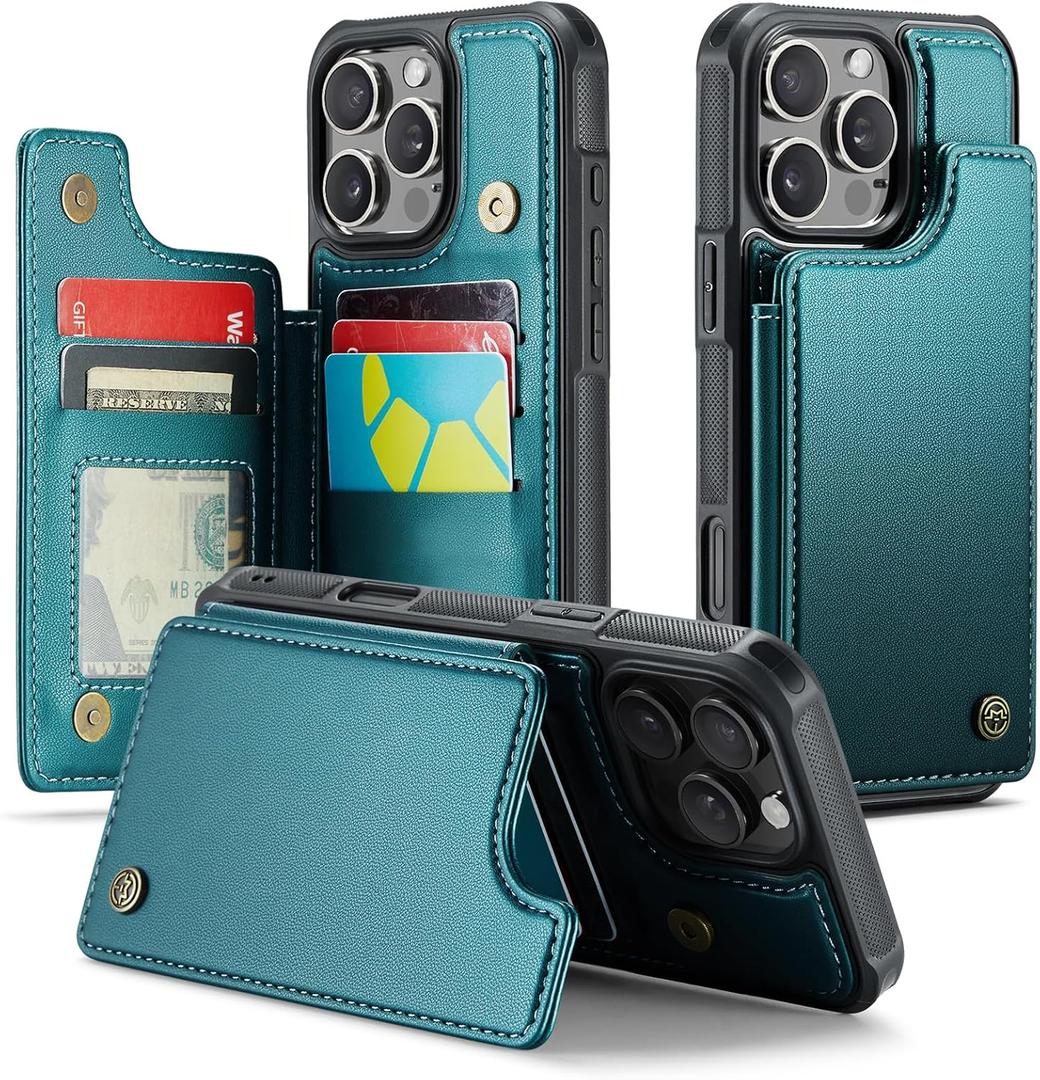 Compatible with iPhone 16 Pro Max 6.9" Wallet Case with Card Holder RFID Blocking for Women Men, Double Magnetic Clasp Kickstand Shockproof Phone Case Fit for iPhone 16 Pro Max, Bluish Green